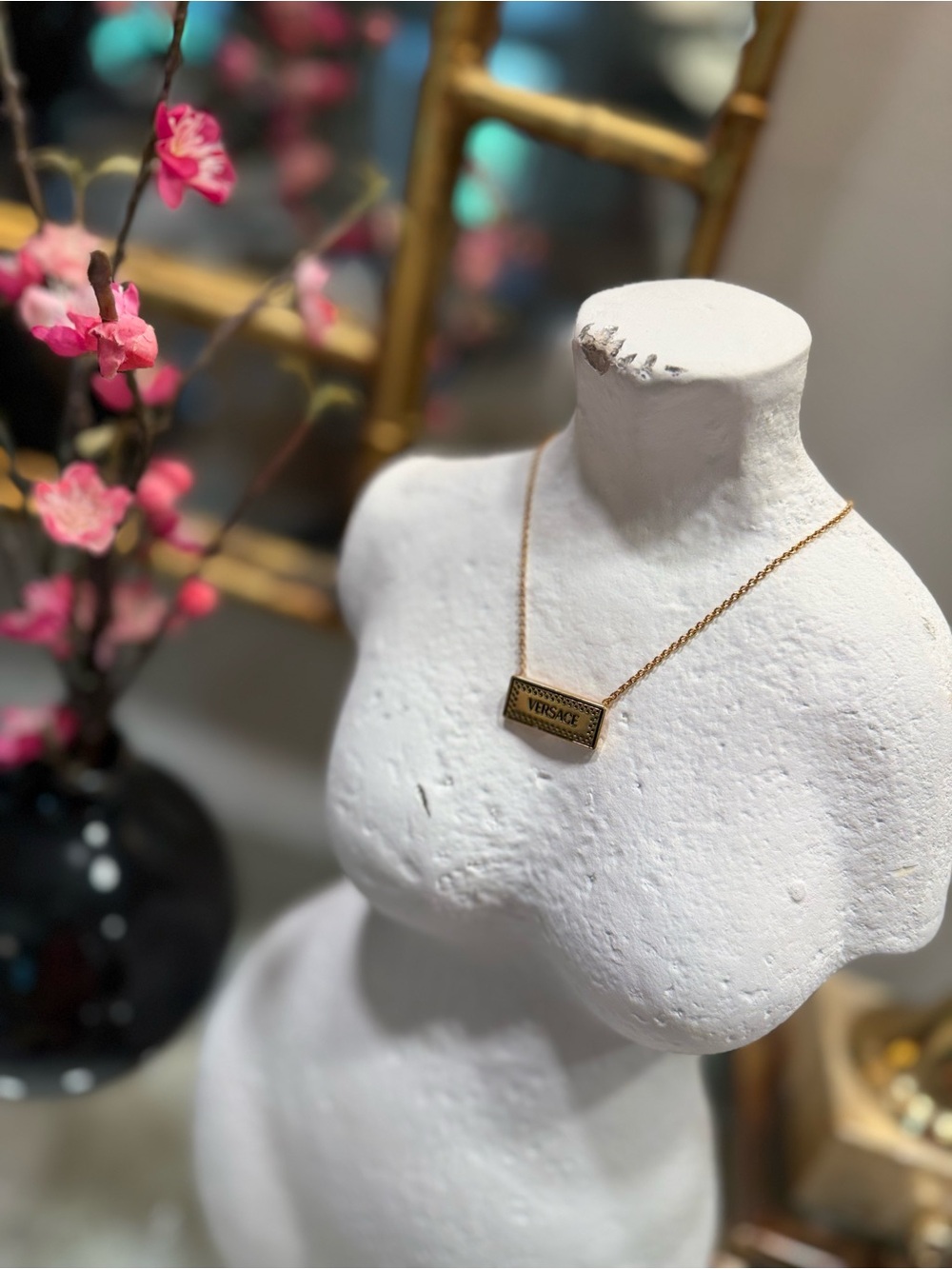 Versace Gold Logo Bar Necklace with Pink Floral Accent